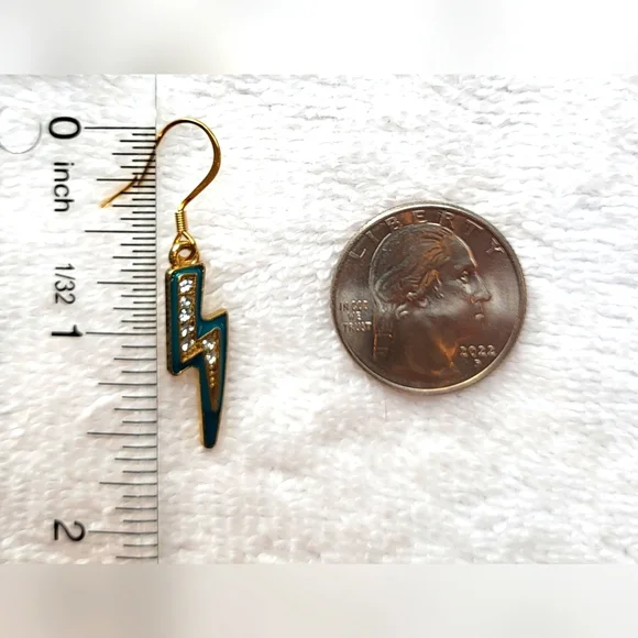 Teal Rhinestone Lightning Bolt Statement Dangle Earrings / Pierced - Picture 5 of 5